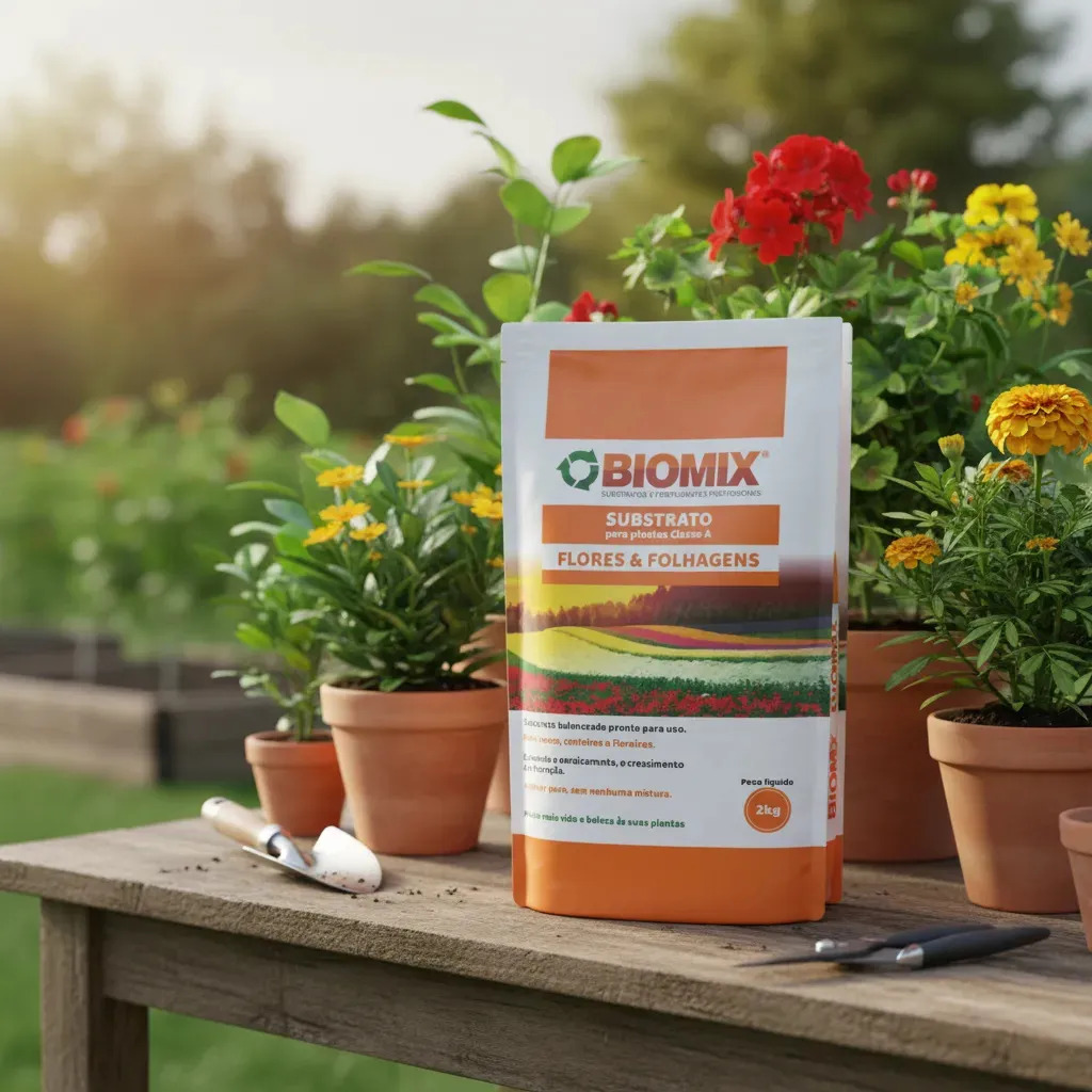 Saco de substrato Biomix para flores e folhagens de 2 quilos ao lado de vasos com flores, foto do anúncio do produto no Mercado Livre