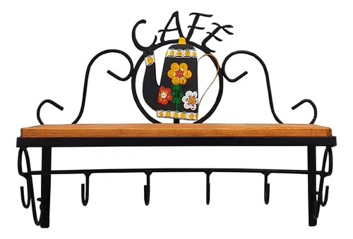 Prateleira preta de metal com tampo de madeira, ganchos e letreiro café, foto do anúncio do produto no Mercado Livre