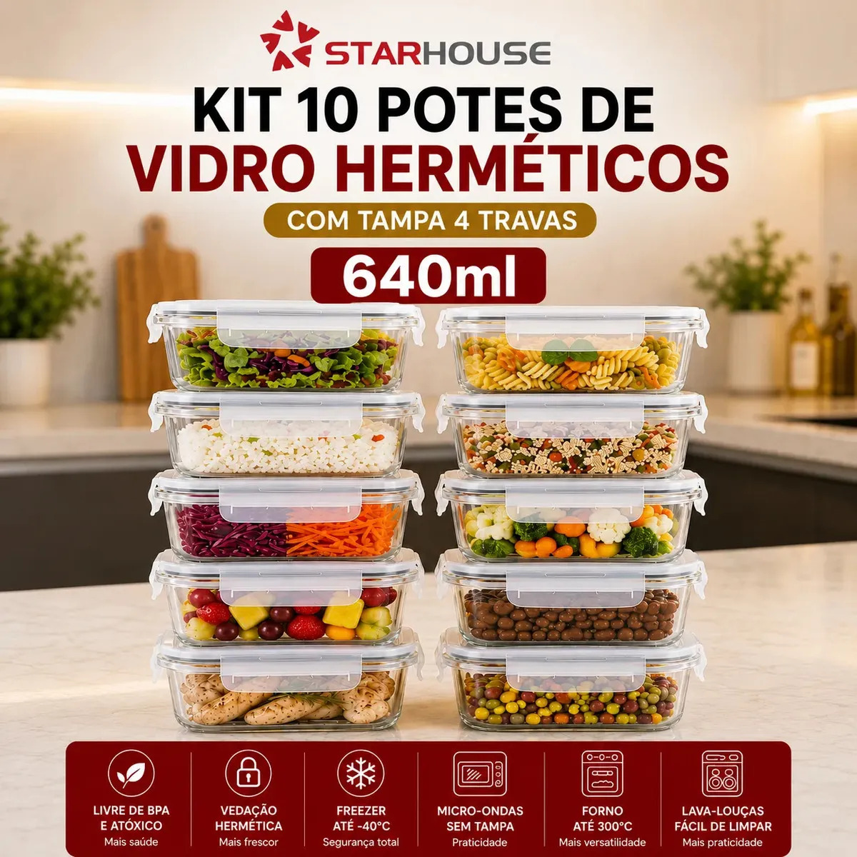 Kit Starhouse com dez potes herméticos de vidro 640 ml e quatro travas, foto do anúncio do produto no Mercado Livre