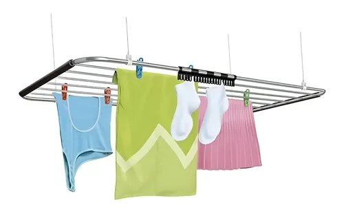 Varal de teto de alumínio com roupas penduradas, foto do anúncio do produto no Mercado Livre