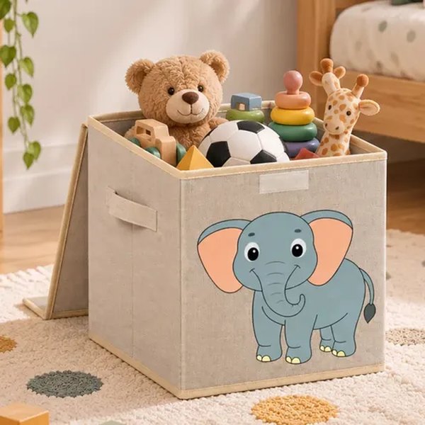 Caixa organizadora bege com tampa e estampa de elefante, cheia de brinquedos, foto do anúncio do produto Oky's no Mercado Livre