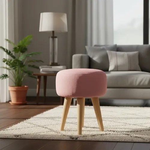 Puff redondo rosa com pés de madeira em sala, foto do anúncio do produto no Mercado Livre