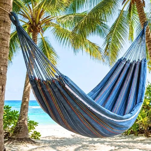 Rede listrada azul pendurada entre coqueiros na praia, foto do anúncio do produto no Mercado Livre