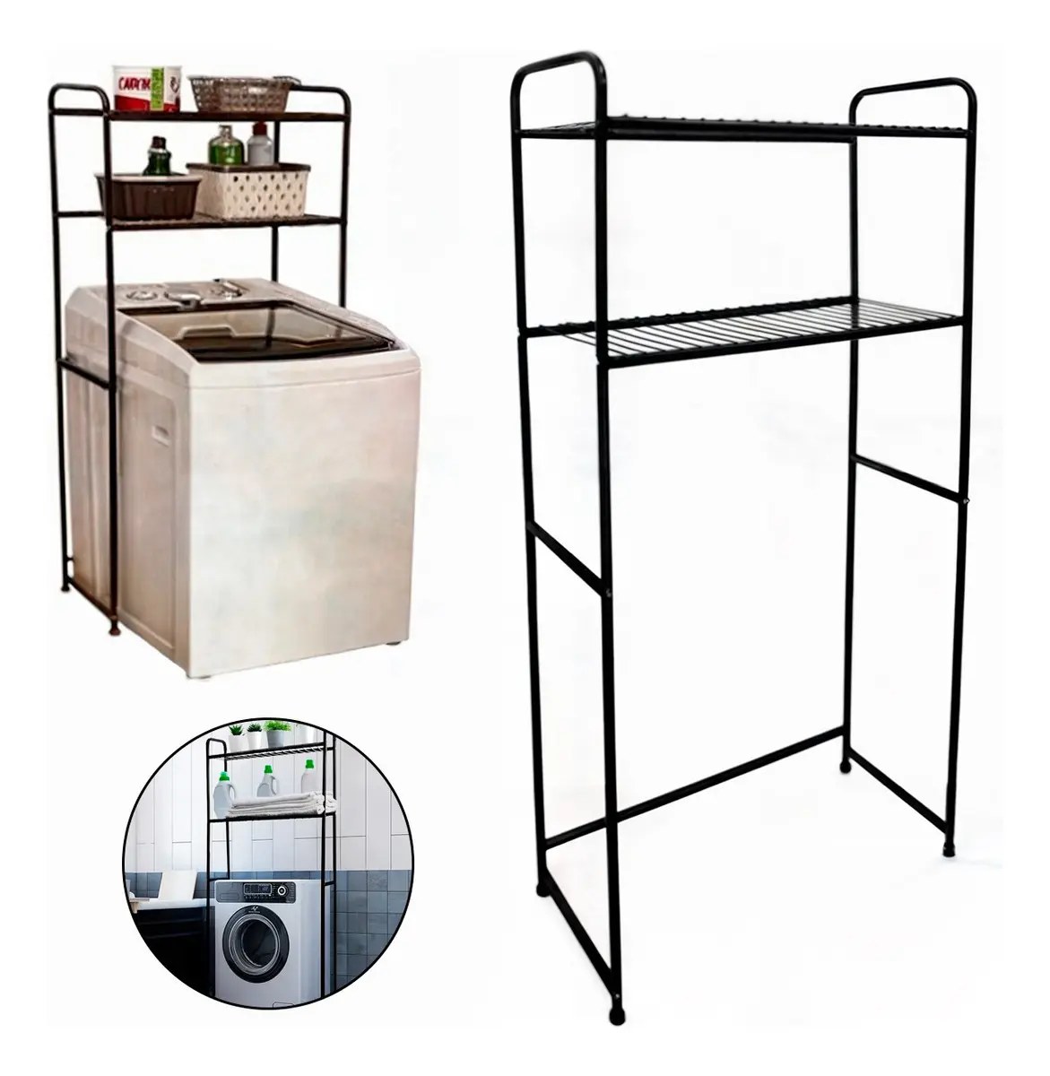 Rack preto sobre máquina de lavar com prateleira e cesto, foto do anúncio do produto no Mercado Livre