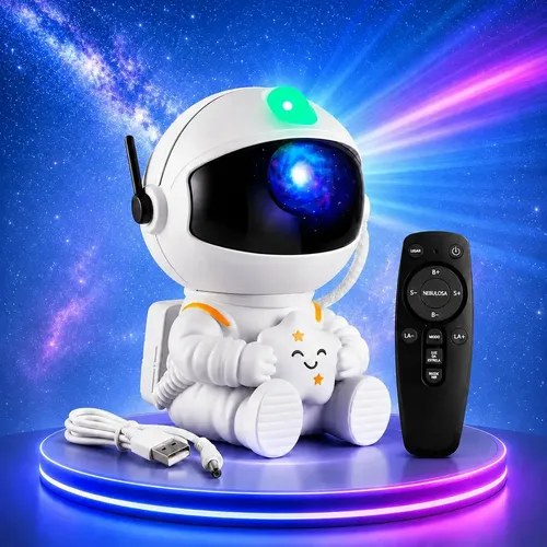 Projetor astronauta branco com controle remoto e efeito de galáxia, foto do anúncio do produto no Mercado Livre