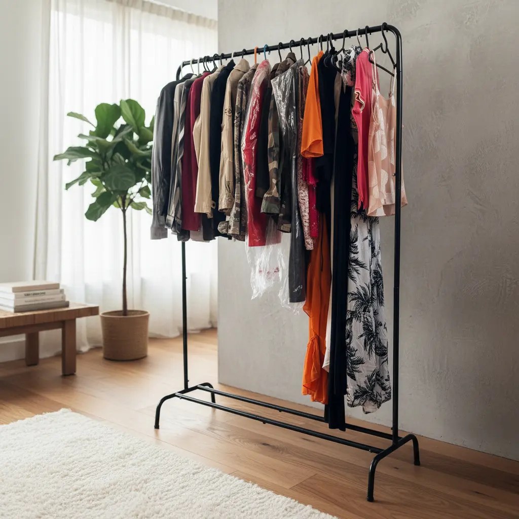 Arara alta preta com vestidos e roupas coloridas em sala clara, foto do anúncio do produto no Mercado Livre