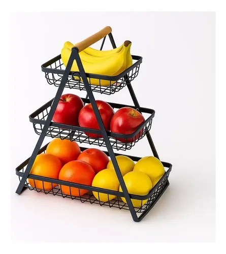Fruteira preta de 3 níveis em metal aramado com bananas, maçãs e laranjas, foto do anúncio do produto no Mercado Livre