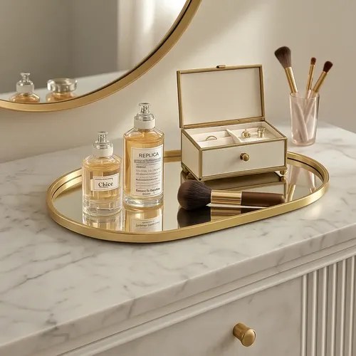 Bandeja oval espelhada com borda dourada sobre cômoda de mármore, com perfumes e porta-joias, foto do anúncio do produto no Mercado Livre