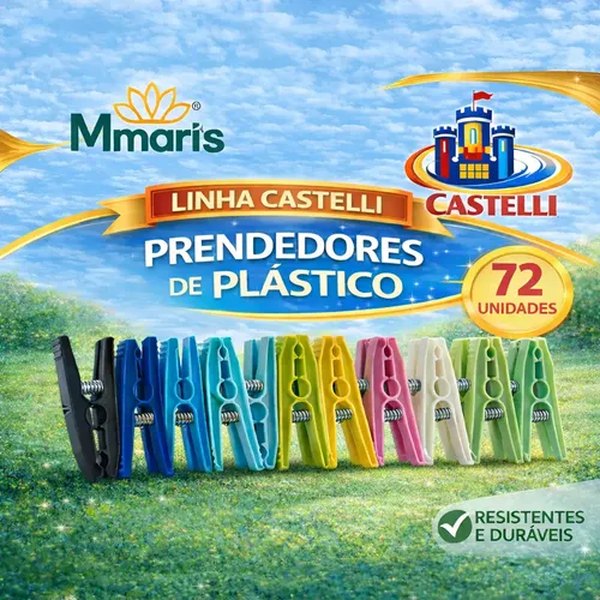 Pacote de 72 prendedores de roupa de plástico coloridos da linha Castelli, foto do anúncio do produto no Mercado Livre