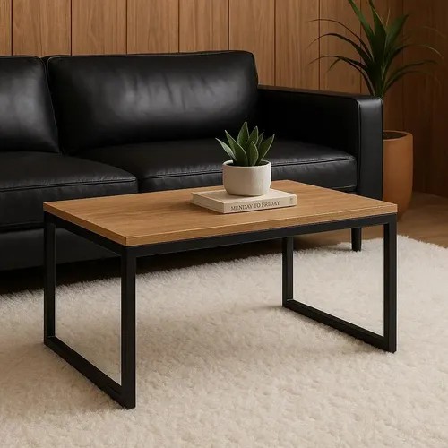 Mesa de centro retangular industrial de ferro e madeira na sala, foto do anúncio do produto no Mercado Livre