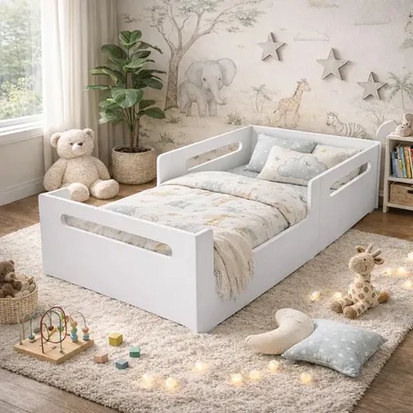 Cama infantil montessoriana branca de solteiro em um quarto decorado, foto do anúncio do produto no Mercado Livre