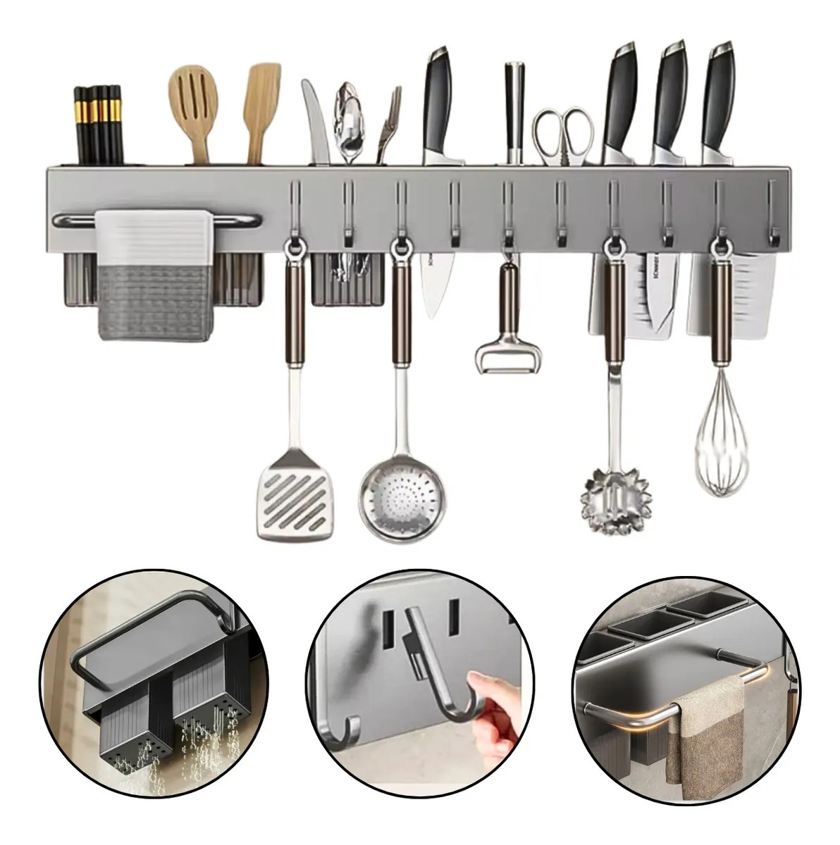 Prateleira cinza-escura de parede com talheres em pé e utensílios pendurados, foto do anúncio do produto no Mercado Livre