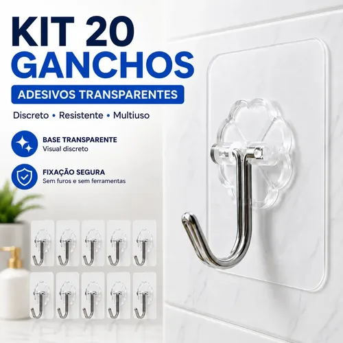 Gancho adesivo transparente e embalagem do kit com 20 unidades, foto do anúncio do produto no Mercado Livre