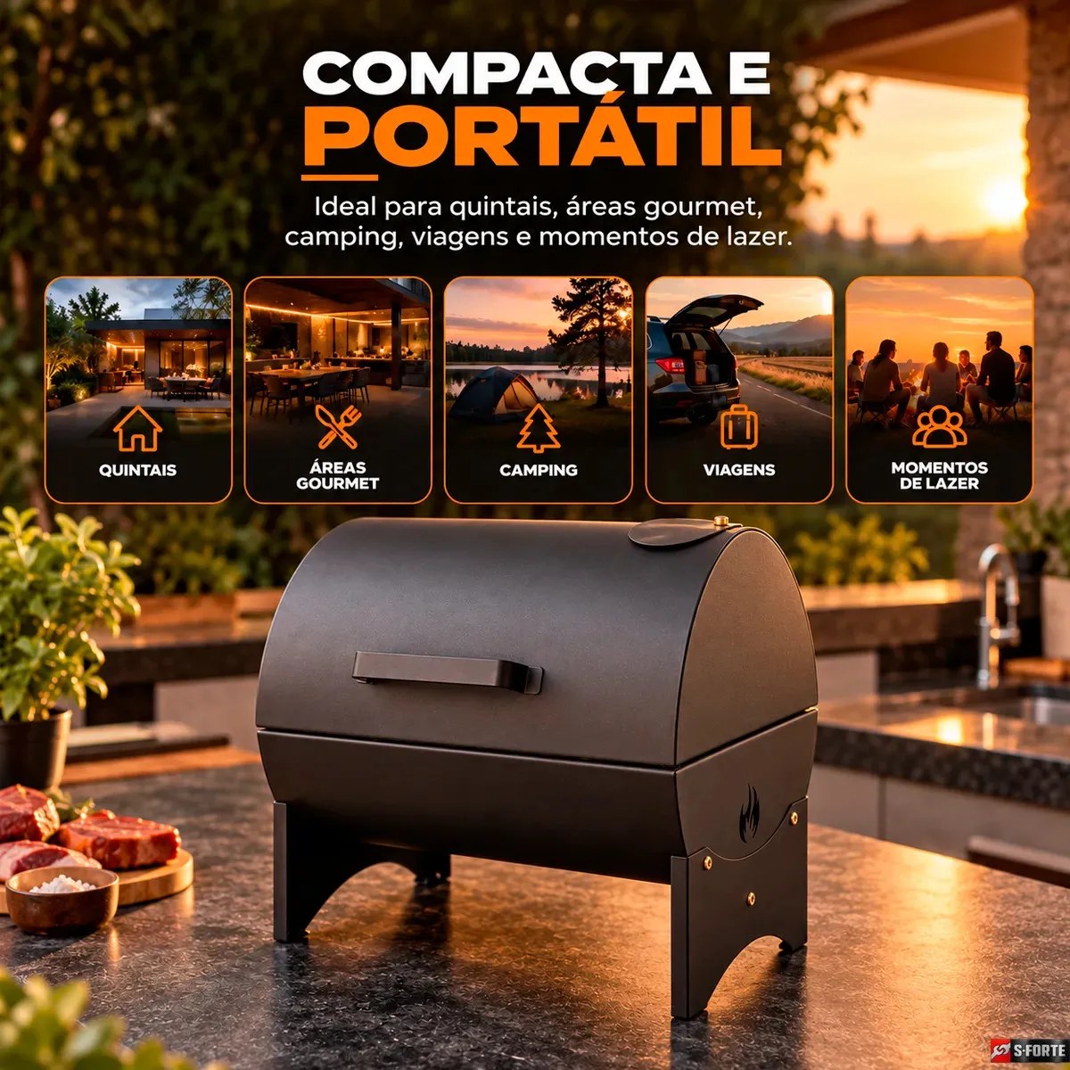 Mini churrasqueira preta tipo bafinho com tampa em área externa, foto do anúncio do produto no Mercado Livre
