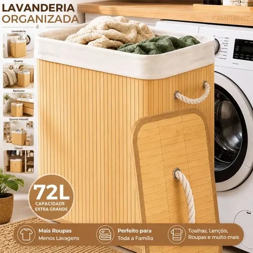 Cesto retangular de bambu com tampa e alças, foto do anúncio do produto no Mercado Livre