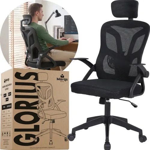 Cadeira de escritório preta com encosto em tela e apoio de cabeça ao lado da caixa da marca Glorious, foto do anúncio do produto no Mercado Livre