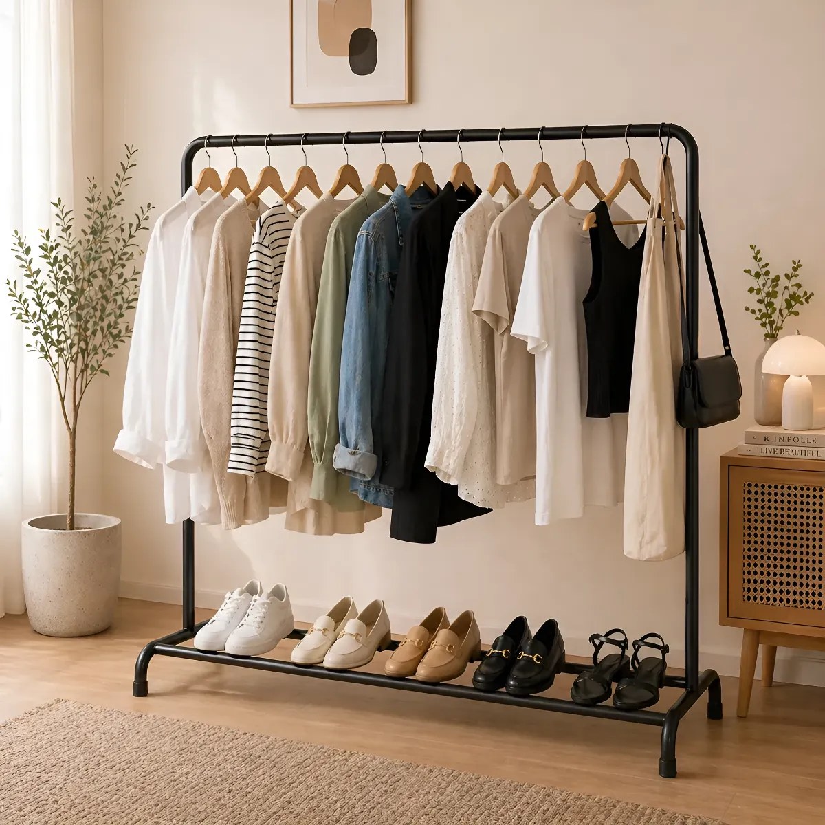 Arara preta com roupas claras penduradas e sapatos alinhados embaixo em quarto claro, foto do anúncio do produto no Mercado Livre