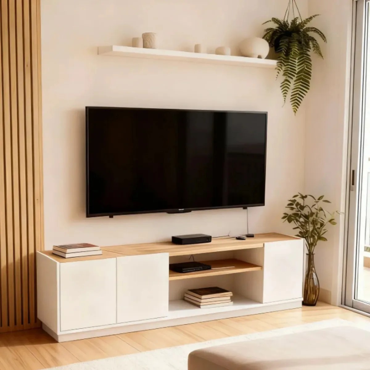 Rack off white com portas e TV em sala clara, foto do anúncio do produto no Mercado Livre