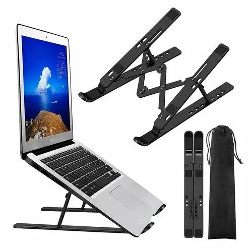 Suporte articulado preto de alumínio com notebook apoiado, dobrado e com bolsa, foto do anúncio do produto no Mercado Livre