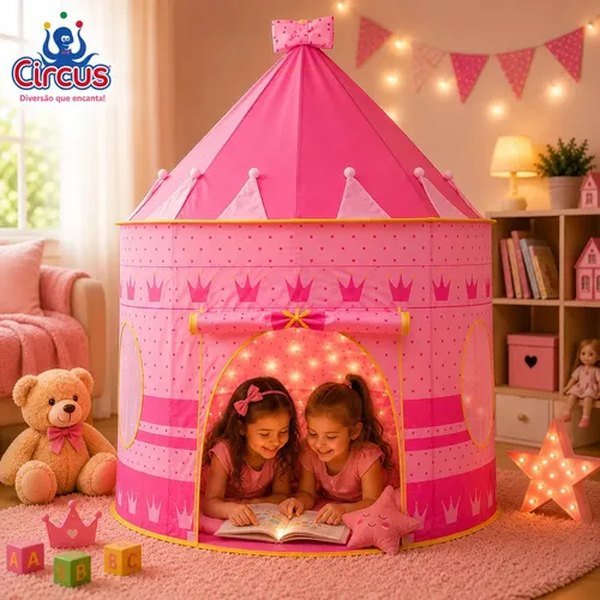 Barraca infantil rosa em formato de castelo, montada em um quarto com crianças dentro, foto do anúncio do produto no Mercado Livre