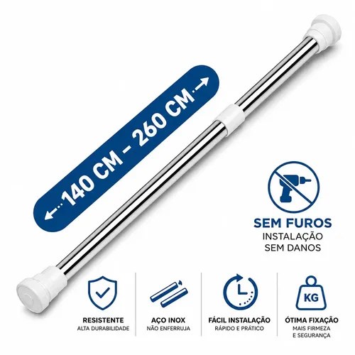 Varão extensível prateado com indicação de 140 a 260 cm e sem furos, foto do anúncio do produto no Mercado Livre