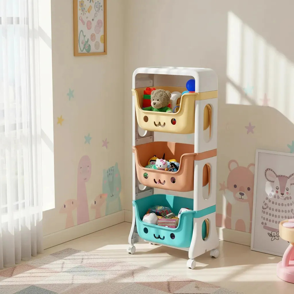 Estante organizadora de brinquedos branca com três níveis de cestos coloridos, foto do anúncio do produto no Mercado Livre