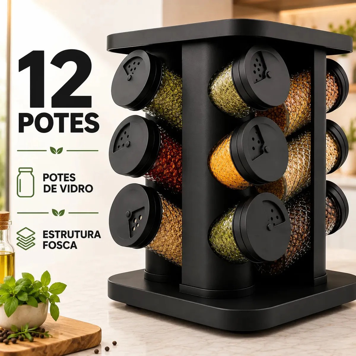 Porta-temperos giratório preto com doze potes de vidro, foto do anúncio do produto no Mercado Livre