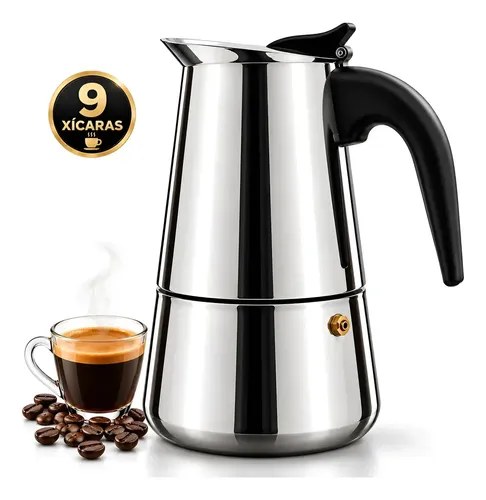 Cafeteira italiana de inox com xícara de café e grãos, foto do anúncio do produto no Mercado Livre