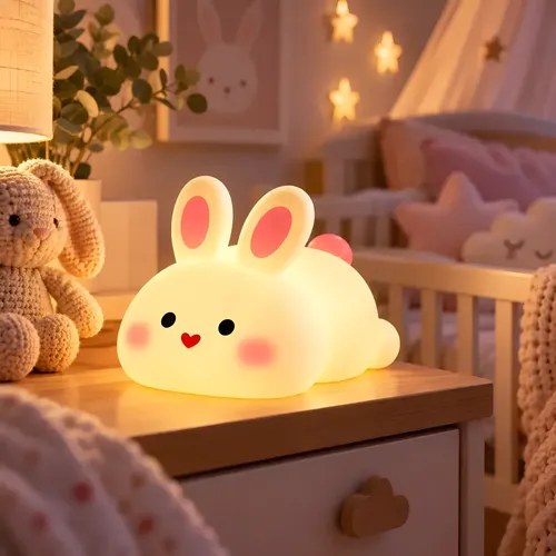 Luz noturna em forma de coelhinho branco aceso sobre criado-mudo, foto do anúncio do produto no Mercado Livre