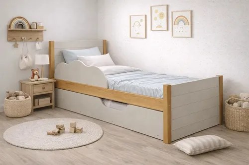 Bicama infantil bege e off white com grade de proteção ondulada num quarto claro com tapete redondo, foto do anúncio do produto no Mercado Livre
