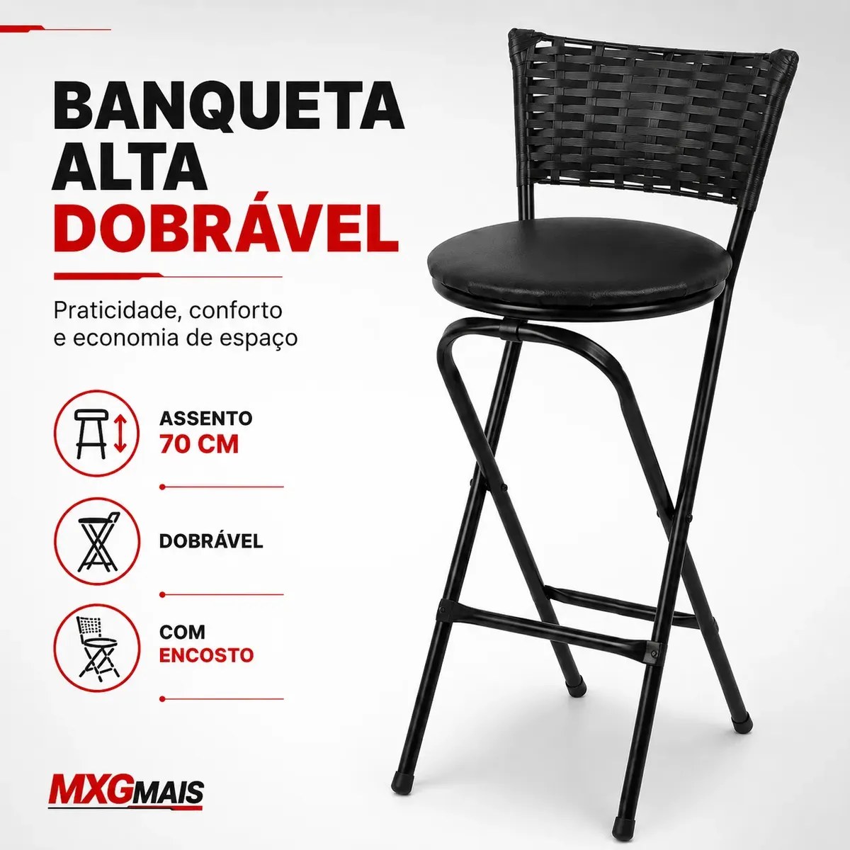 Banqueta alta preta com encosto de junco e assento redondo, foto do anúncio do produto no Mercado Livre