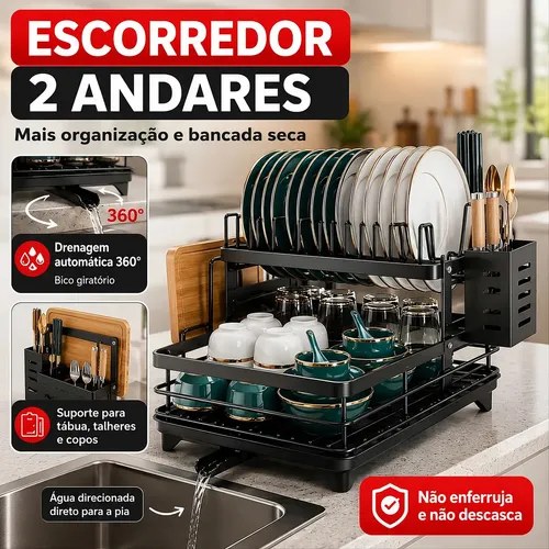 Escorredor preto de dois andares com pratos, tigelas e copos ao lado da pia, em arte do anúncio do produto no Mercado Livre
