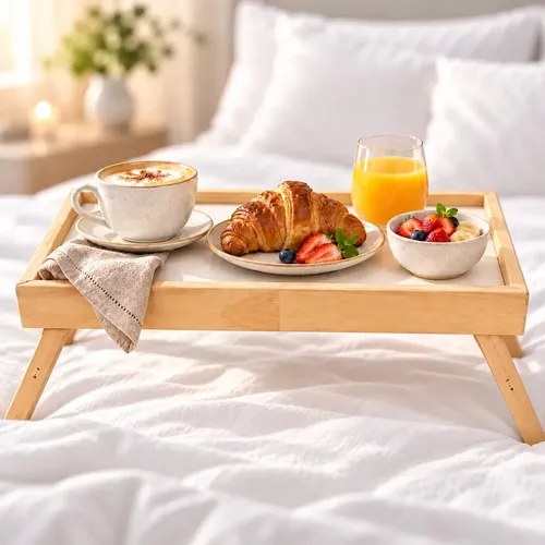 Bandeja de madeira com pés sobre a cama com café, croissant e suco, foto do anúncio do produto no Mercado Livre