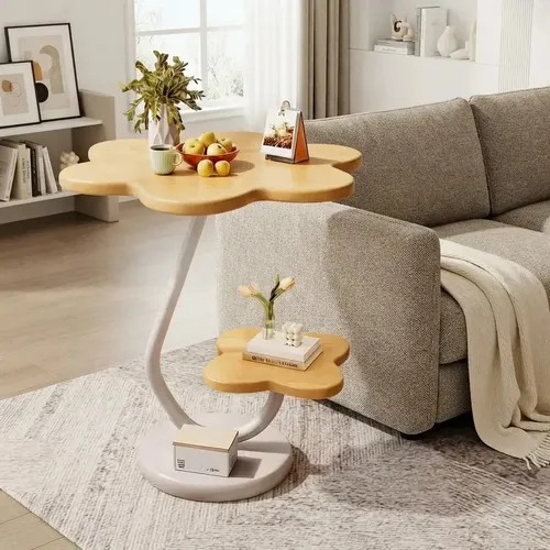 Mesa lateral compacta de dois níveis em MDF e aço, foto do anúncio do produto no Mercado Livre