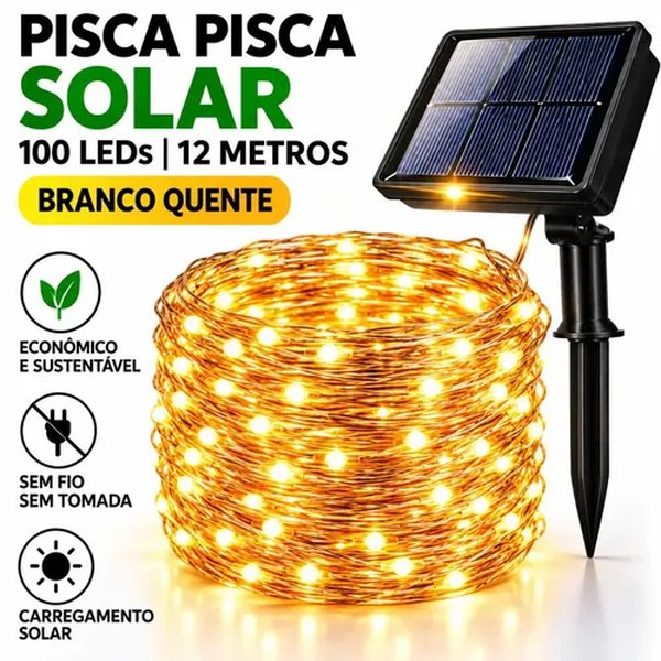 Fio de fada solar com 100 LEDs acesos em branco quente e placa solar com espeto, foto do anúncio do produto no Mercado Livre