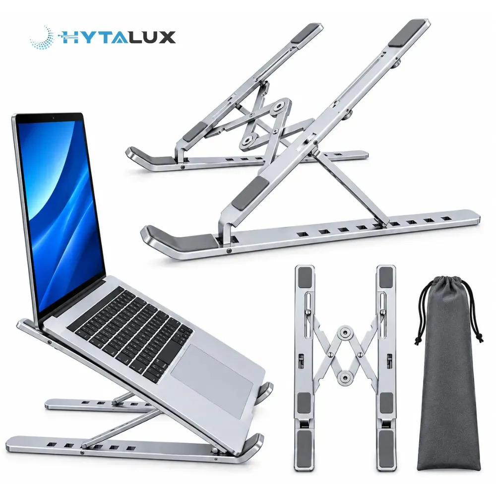 Suporte para notebook Hytalux em alumínio dobrável com seis posições, foto do anúncio do produto no Mercado Livre