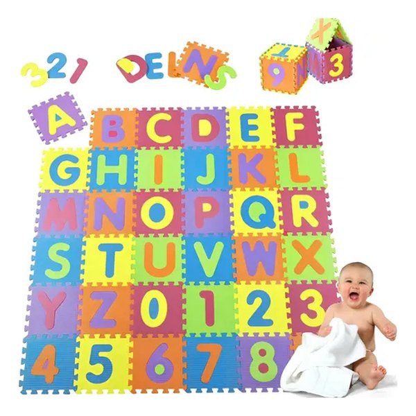 Kit de piso de encaixe infantil colorido com letras do alfabeto e números, foto do anúncio do produto no Mercado Livre