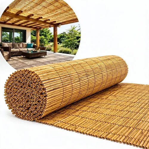 Rolo de esteira de bambu natural parcialmente aberto, com foto de pergolado coberto de bambu ao fundo, foto do anúncio do produto no Mercado Livre