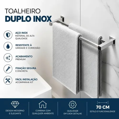 Toalheiro duplo de inox com duas toalhas cinza penduradas, em arte do anúncio do produto no Mercado Livre