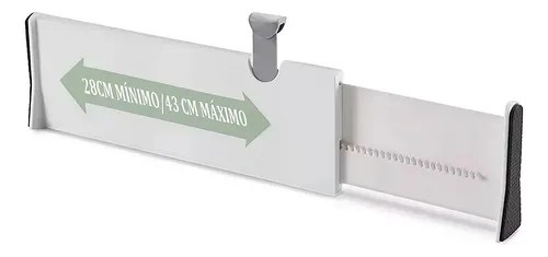 Divisória de gaveta branca ajustável com seta indicando a extensão, foto do anúncio do produto no Mercado Livre
