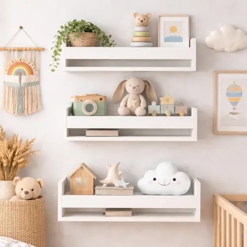 Kit com três prateleiras brancas para livros infantis com capa à frente, foto do anúncio do produto no Mercado Livre