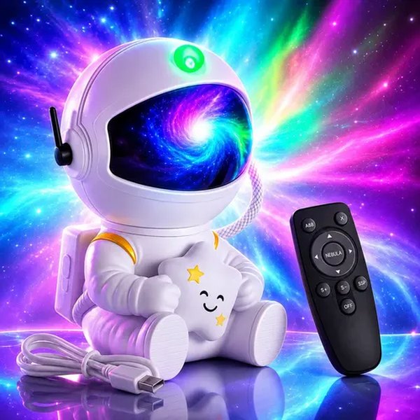 Luminária projetor em formato de astronauta branco projetando efeito de galáxia colorido, foto do anúncio do produto no Mercado Livre