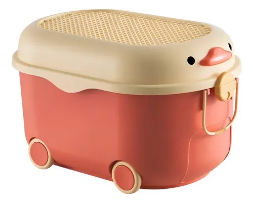 Caixa organizadora rosa com tampa bege em formato de patinho e rodinhas, foto do anúncio do produto no Mercado Livre