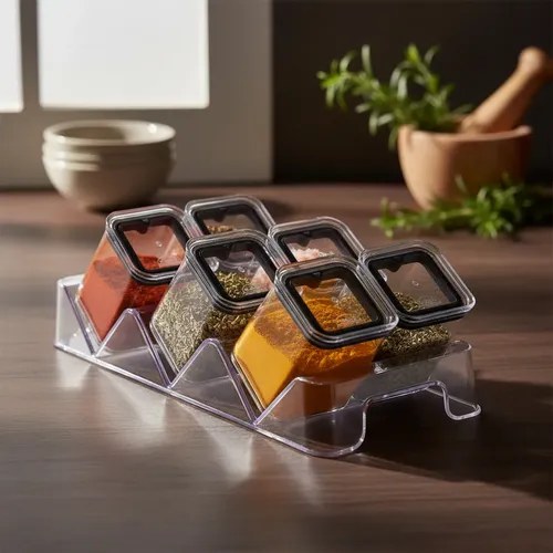 Porta-temperos transparente com potes de tampa preta cheios de temperos, foto do anúncio do produto no Mercado Livre
