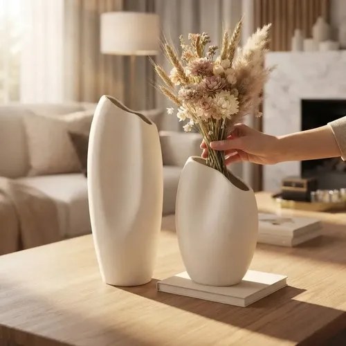 Dois vasos de cerâmica clara com formas orgânicas sobre mesa de madeira, um com flores secas, foto do anúncio do produto no Mercado Livre