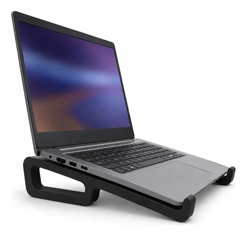 Suporte preto com notebook apoiado em base elevada, foto do anúncio do produto no Mercado Livre