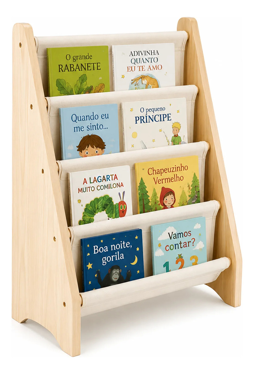 Estante porta-livros infantil de madeira com livros expostos de capa para frente, foto do anúncio do produto no Mercado Livre