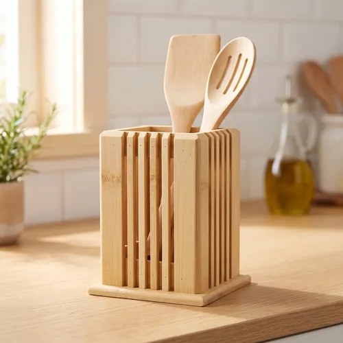 Porta-utensílios quadrado de bambu com colheres e espátulas de madeira sobre a bancada, foto do anúncio do produto no Mercado Livre
