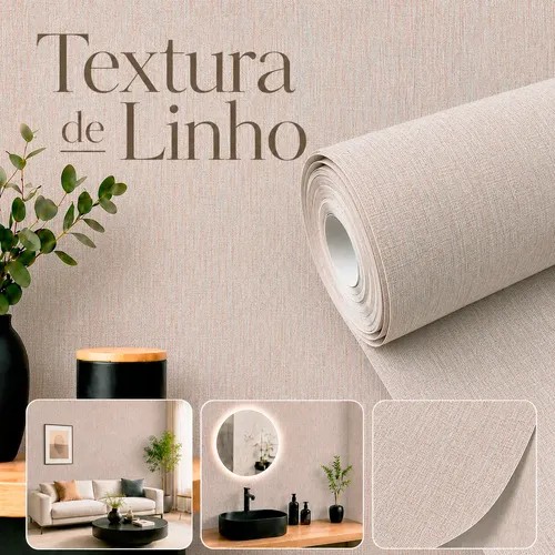Rolo de papel de parede adesivo com textura de linho bege e detalhes de ambiente, foto do anúncio do produto no Mercado Livre
