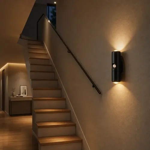 Arandela LED preta com sensor de presença na parede, luz quente para cima e para baixo, foto do anúncio do produto no Mercado Livre